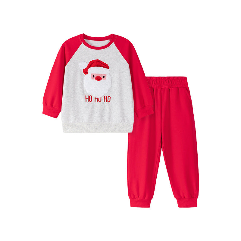 Spring and Autumn Boys Christmas Cartoon Pattern Long Sleeves Color Patchwork Sweatshirt and Pants Clothing Set-4