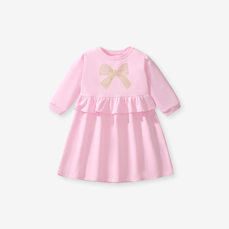 Best Selling Cheap Autumn Girls Bows Pattern Crew Neck Long Sleeves Casual Pink Dress-1