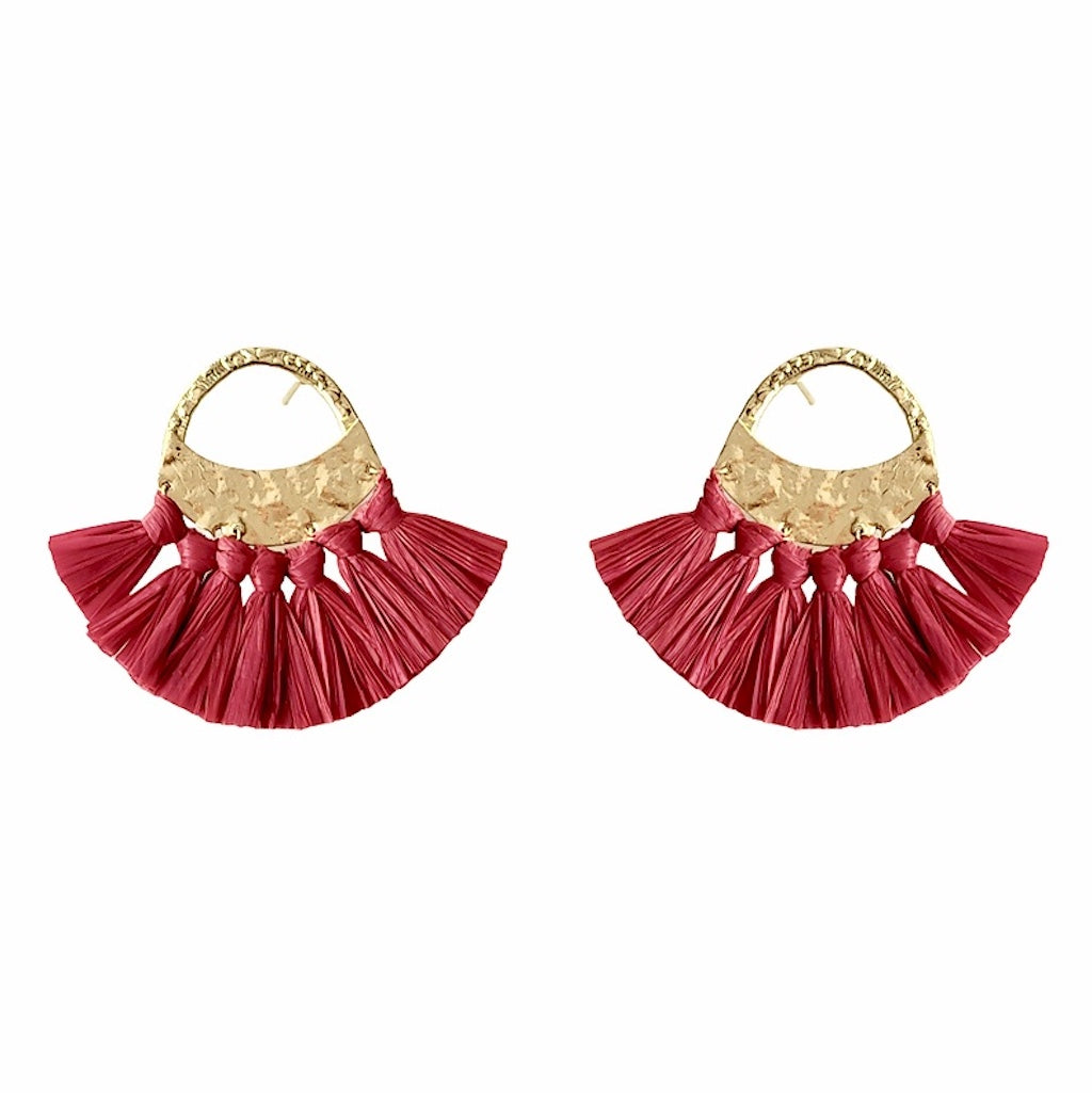 Red Raffia Fan Earrings