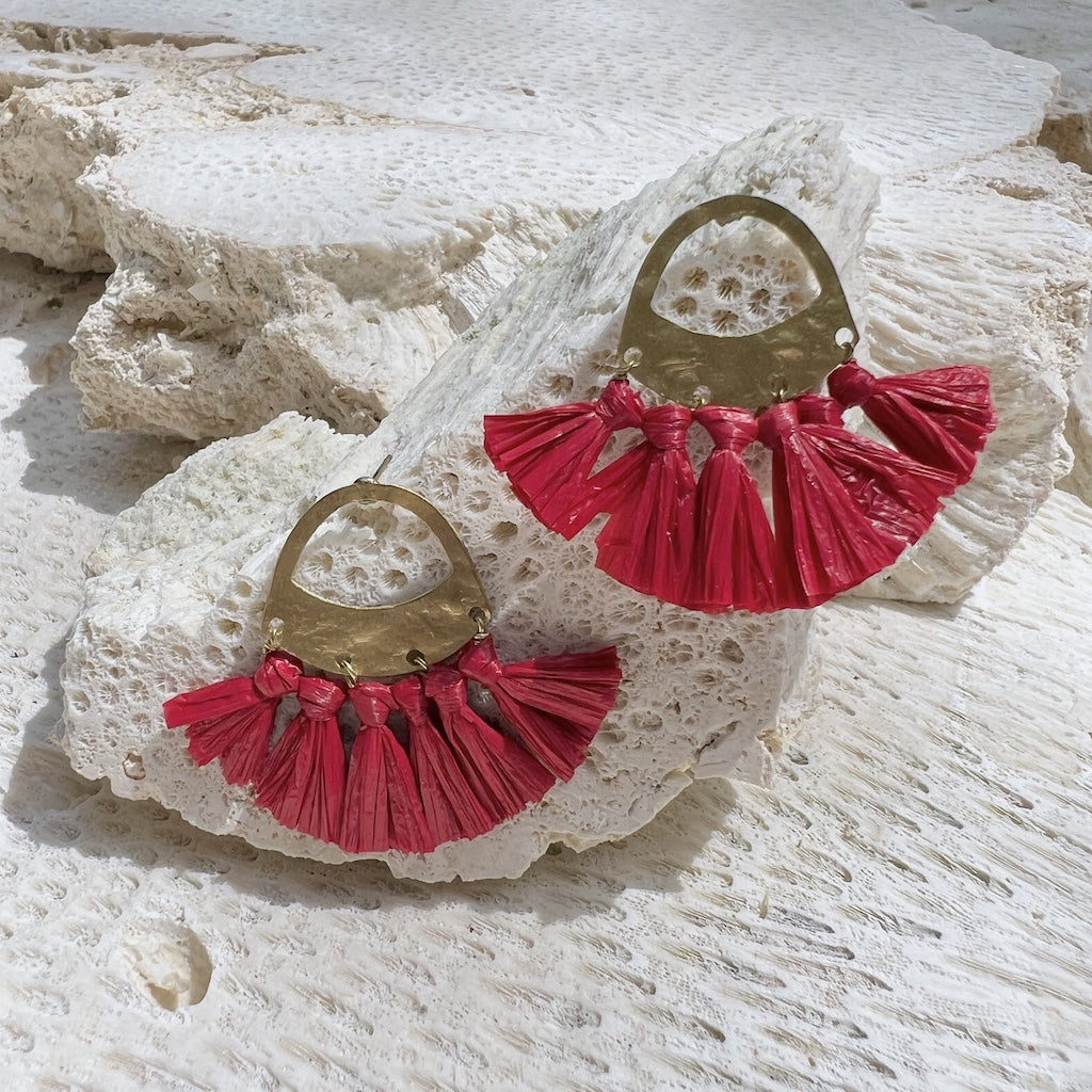 Red Raffia Fan Earrings