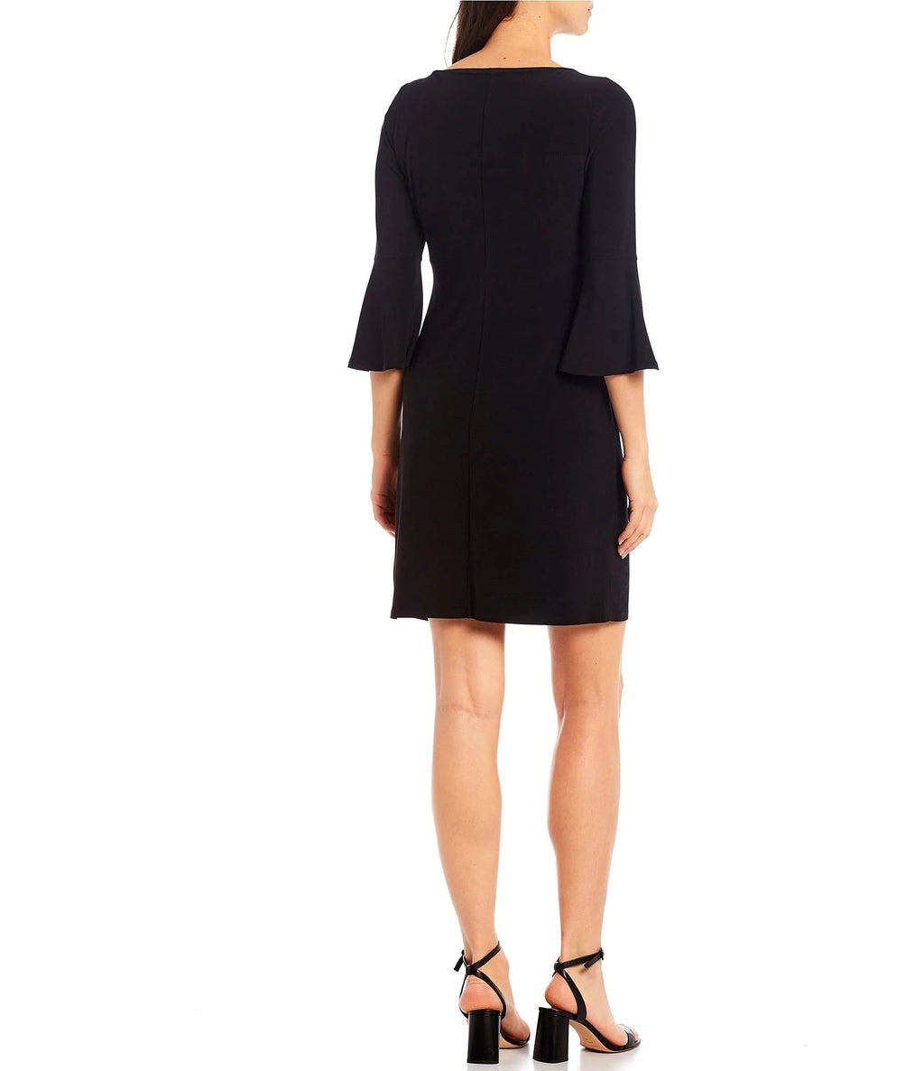 Marina Boat Neck Embellished Keyhole Front 3/4 Bell Sleeve Solid ITY Short Dress-1