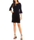 Marina Boat Neck Embellished Keyhole Front 3/4 Bell Sleeve Solid ITY Short Dress-0