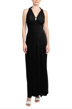 Connected Apparel Crossed Neck Sleeveless Jewelry Front Detail Ruched Empire Waist Solid Jersey Dress-4