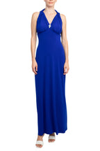 Connected Apparel Crossed Neck Sleeveless Jewelry Front Detail Ruched Empire Waist Solid Jersey Dress-0