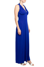 Connected Apparel Crossed Neck Sleeveless Jewelry Front Detail Ruched Empire Waist Solid Jersey Dress-1