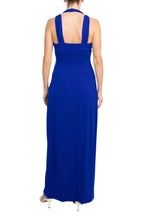 Connected Apparel Crossed Neck Sleeveless Jewelry Front Detail Ruched Empire Waist Solid Jersey Dress-2