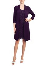 Connected Apparel Scoop Neckline 3/4 Sleeves Pull Over Short Metallic Knit Dress with Fixed Jacket-0