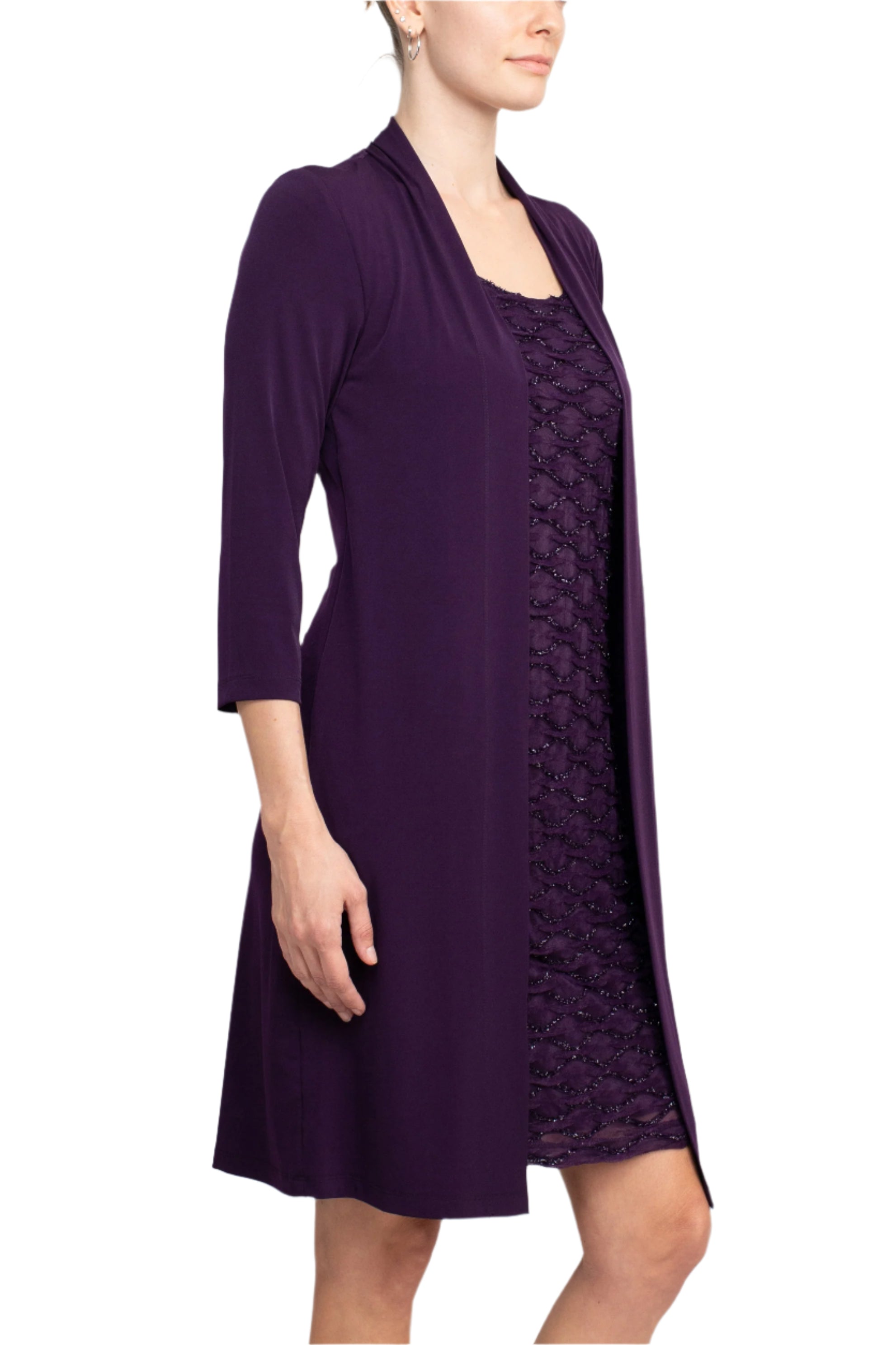 Connected Apparel Scoop Neckline 3/4 Sleeves Pull Over Short Metallic Knit Dress with Fixed Jacket-2