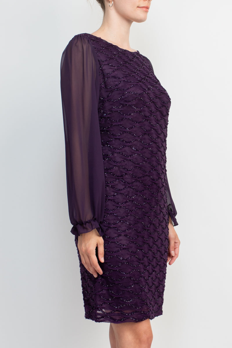 Connected Apparel Boat Neck Elastic Cuff Chiffon Sleeve Solid Dress-2