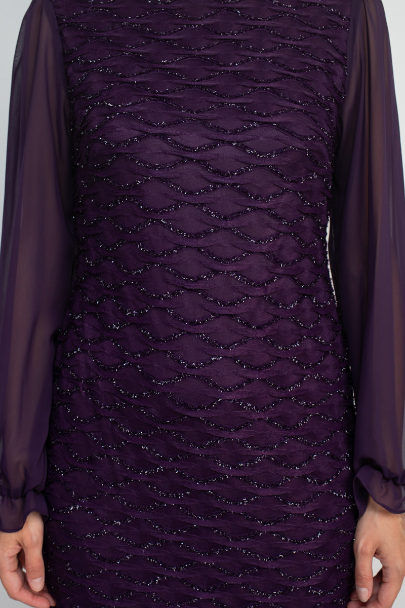 Connected Apparel Boat Neck Elastic Cuff Chiffon Sleeve Solid Dress-4