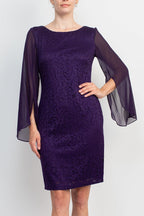 Connected Apparel Boat Neck Chiffon Long Sleeve Bodycon Embroidered Dress-2