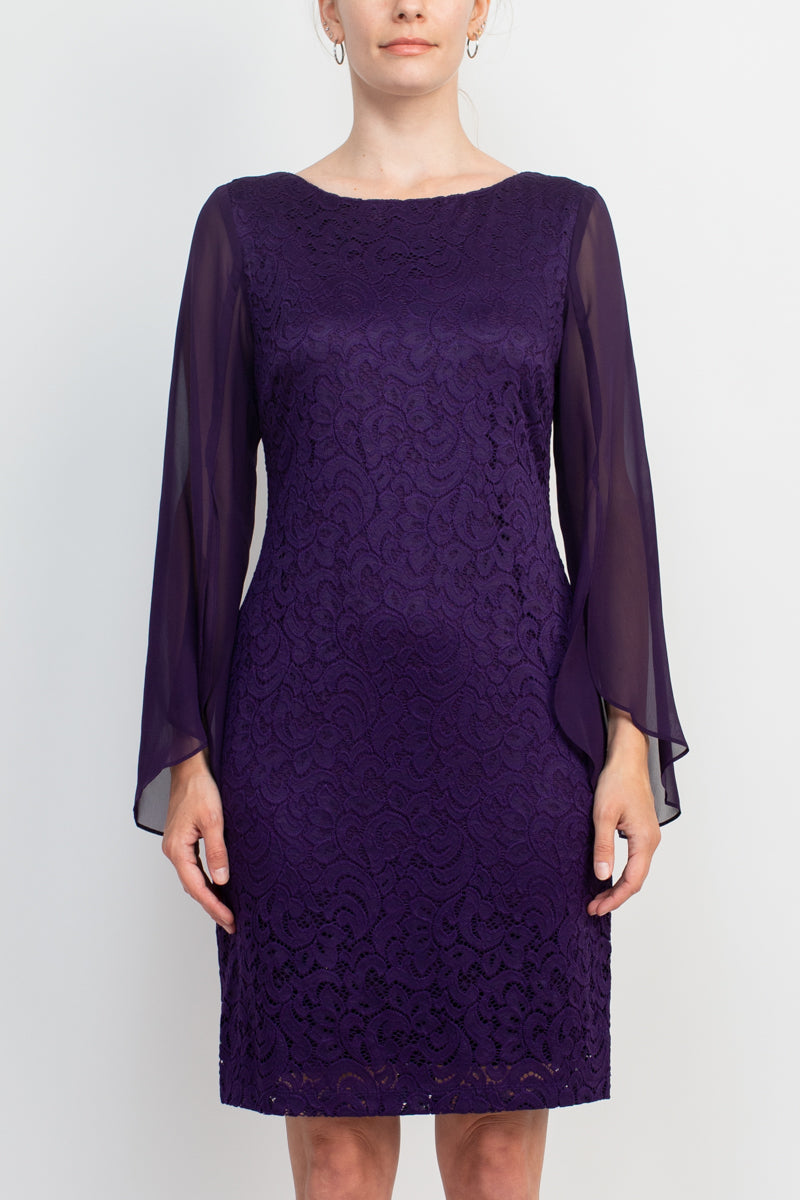 Connected Apparel Boat Neck Chiffon Long Sleeve Bodycon Embroidered Dress-1