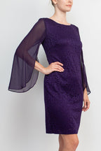 Connected Apparel Boat Neck Chiffon Long Sleeve Bodycon Embroidered Dress-3