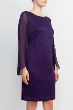 Connected Apparel Boat Neck Chiffon Long Sleeve Bodycon Embroidered Dress-4