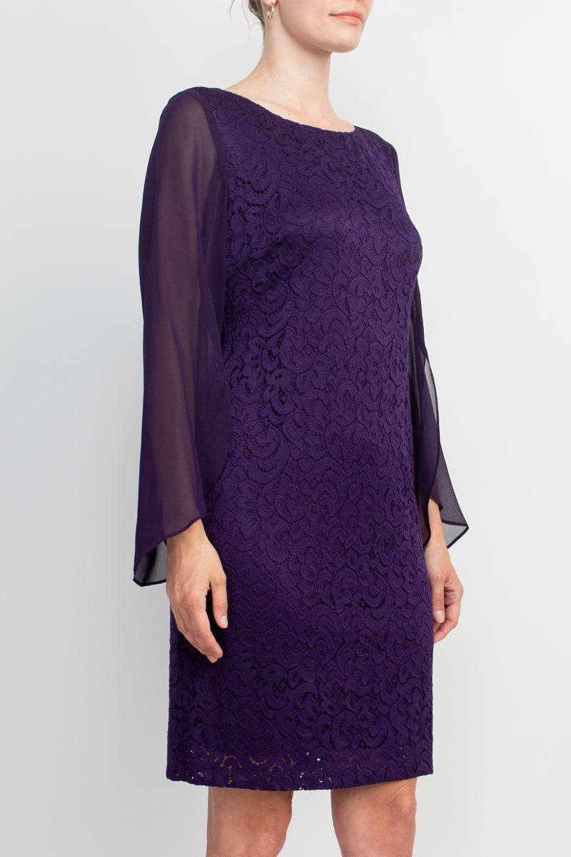 Connected Apparel Boat Neck Chiffon Long Sleeve Bodycon Embroidered Dress-4